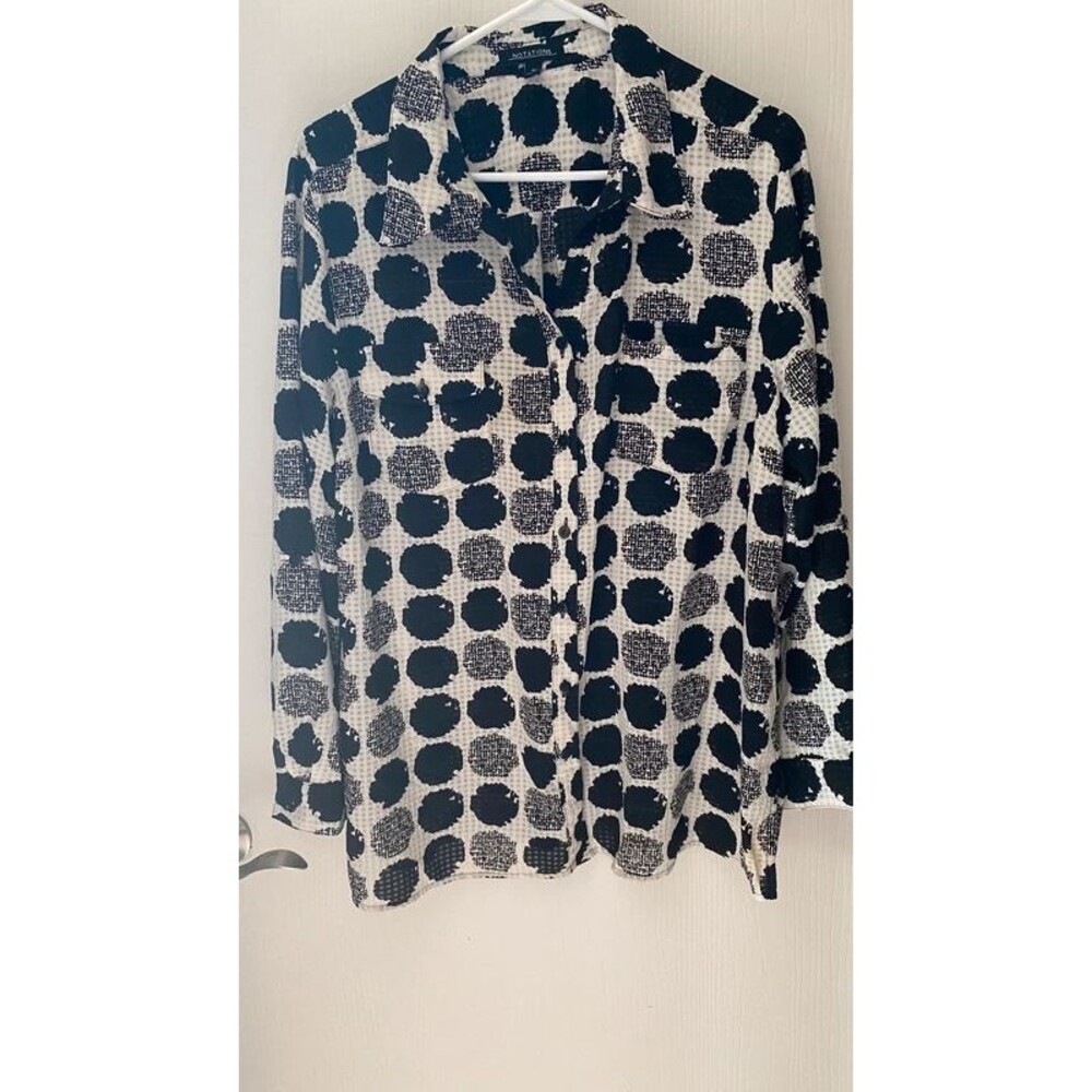 Notations Button Front Shirt Black White Polka Dot Blouse Long Sleeve Women XL